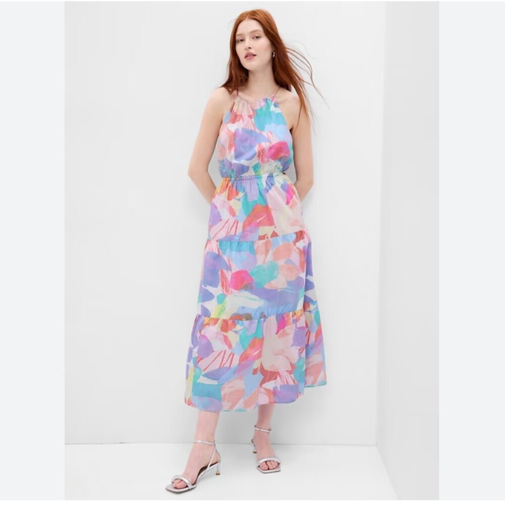 GAP Women's XL Halter Maxi Dress Pastel Multi Floral Tiered Spring Summer